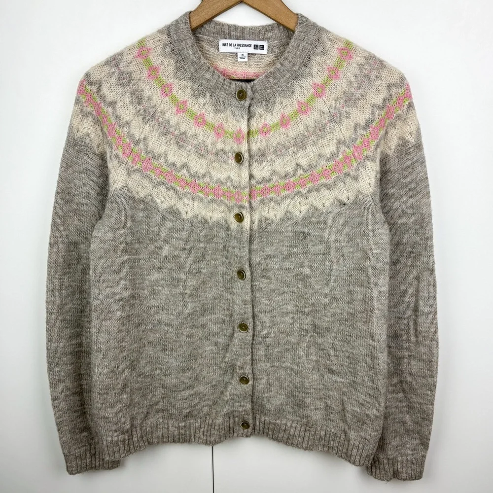 Uniqlo Ines De La Fressange Fair Isle Wool Blend Cardigan Sweater Grey Pink